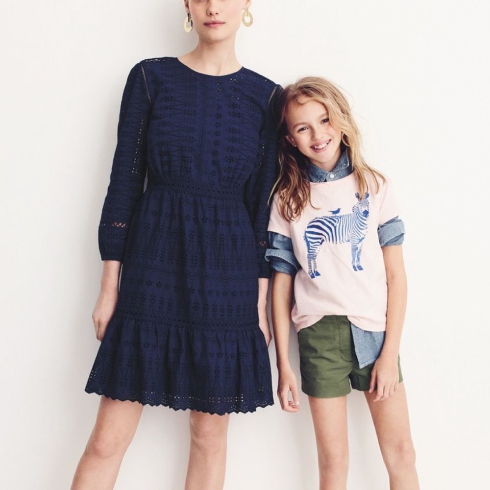 J Crew Eyelet Flutter Hem Dress Navy Blue